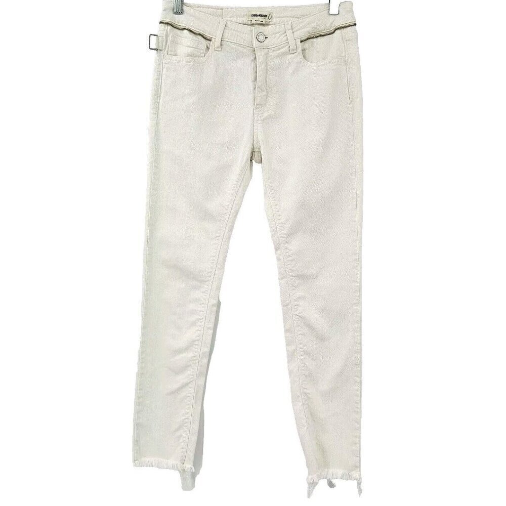 Zadig & Voltaire Eva Cher Zipper Skinny Jeans White Womens Size 27 Frayed Hem